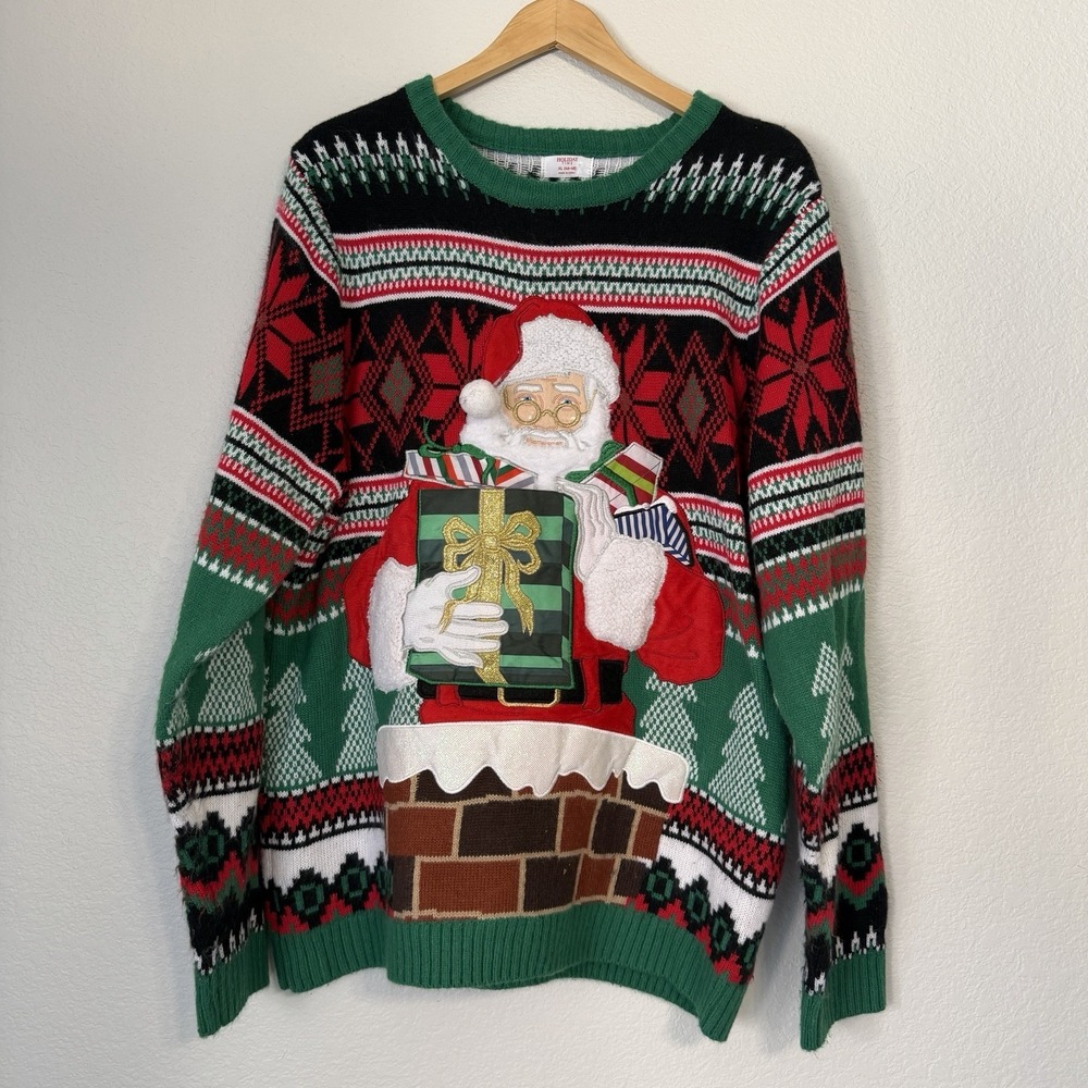 Holiday‎ Time Ugly Christmas Sweater XL 46-48 Santa Chimney 3D Knit Holiday
